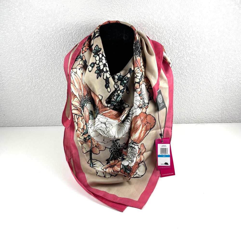 New Vince Camuto Floral Scarf Womens OS Pink Multi Silk Blend Square Wrap‎